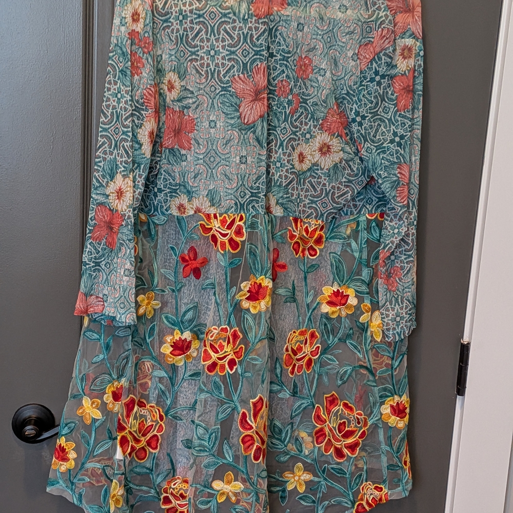 Ruby Rd. Floral Sheer Swim Coverup - Teal and Red